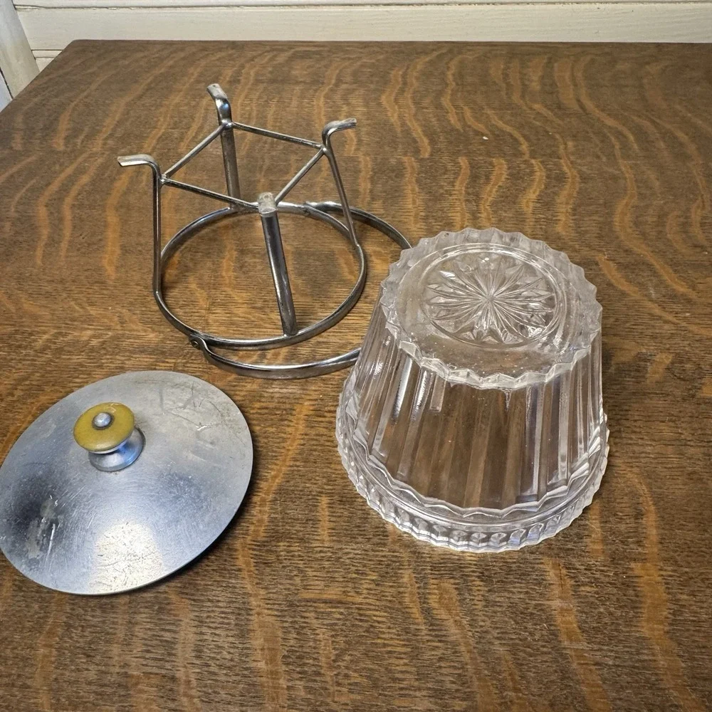 Vintage Pressed Glass Ice Bucket Chrome Stand Lid Yellow Knob Mid Century